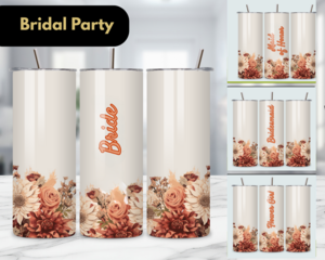 Bride tribe floral drink cups, Name and title custom tumbler, 
Burnt orange flower tumbler
